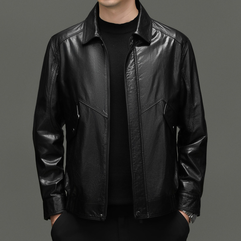 真皮皮衣新款中青年男士潮流翻领头层牛皮夹克机车服爸爸男装上衣