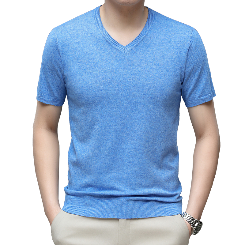 夏季新款短袖毛衣男士针织衫V领套头纯色t恤打底上衣鸡心领男装