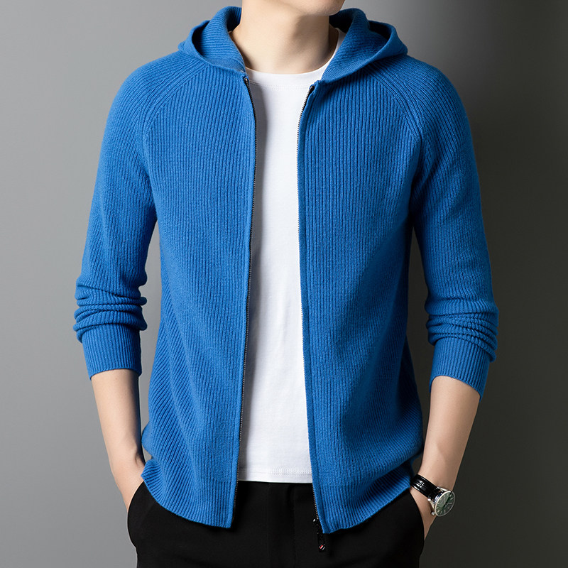 拉链毛衣秋冬季100%羊毛衫连帽男装针织衫日常休闲上衣百搭外套