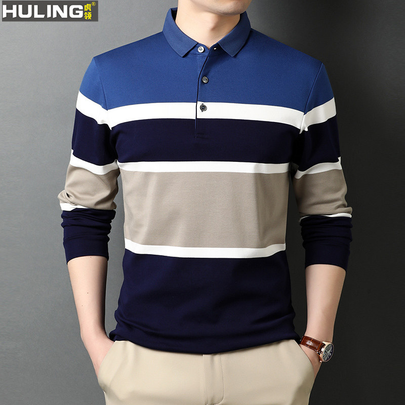 男士新款POLO衫春秋季长袖商务休闲纯棉条纹拼色T恤透气打底衫