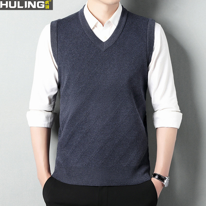 爸爸马甲毛衣中年男士秋冬季V领针织套头坎肩男装鸡心领咖色背心