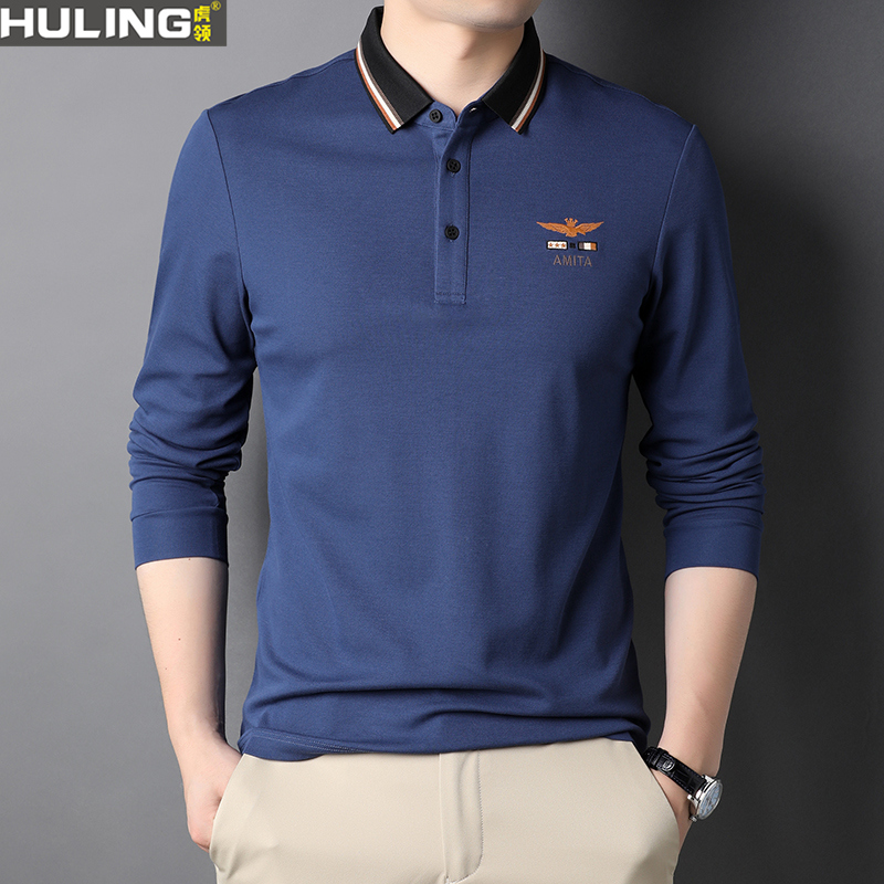 男士商务休闲长袖POLO衫春秋季新款纯棉百搭男装中年刺绣飞鹰T恤