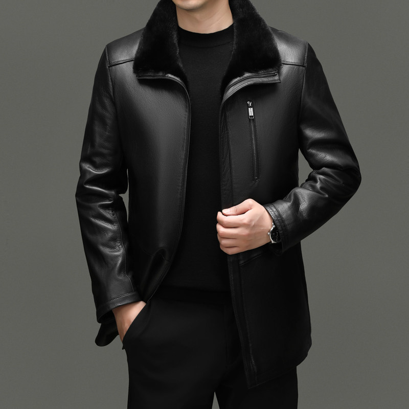 男式皮衣秋冬皮毛一体加厚中老年毛领男士外套爸爸皮夹克商务穿搭