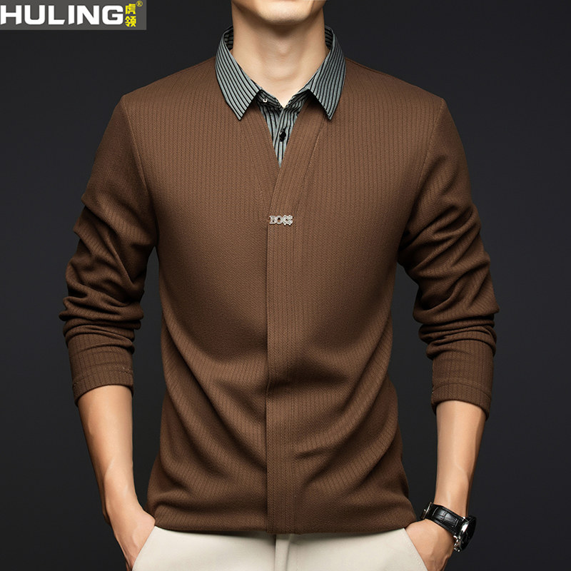 春秋季新款假两件T恤衬衫领长袖毛衣男士时尚休闲宽松男装针织衫