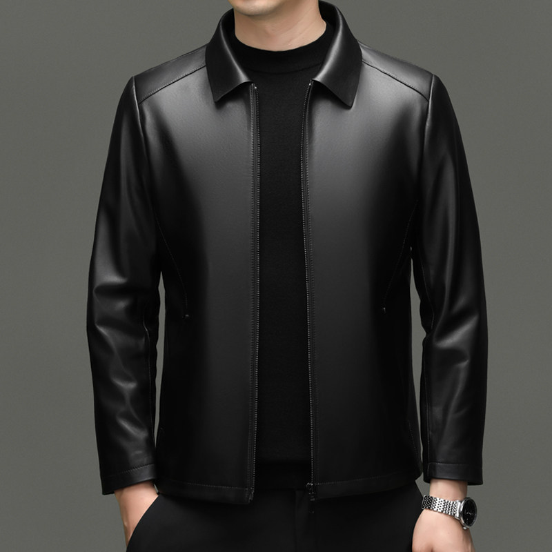 春秋季新款时尚皮衣男士头层绵羊皮夹克商务中年爸爸软皮翻领外套