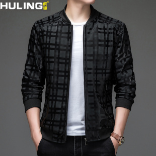 格子时尚 秋季 棒球领PU皮夹克青年休闲宽松男士 皮衣男装 外套 新款