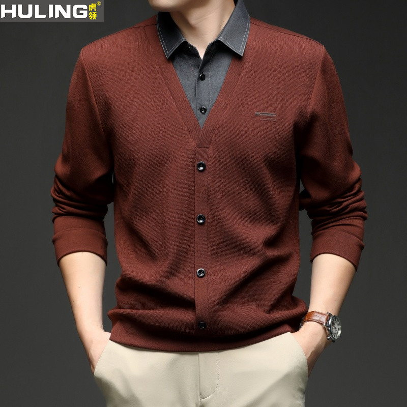 虎领春秋季男士假两件套长袖T恤衫宽松商务休闲爸爸男装中年上衣