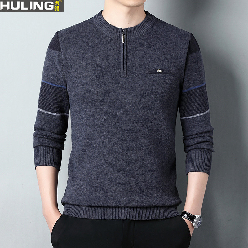 秋冬季毛衣中年男休闲套头新款半高领拉链时尚爸爸男装打底针织衫