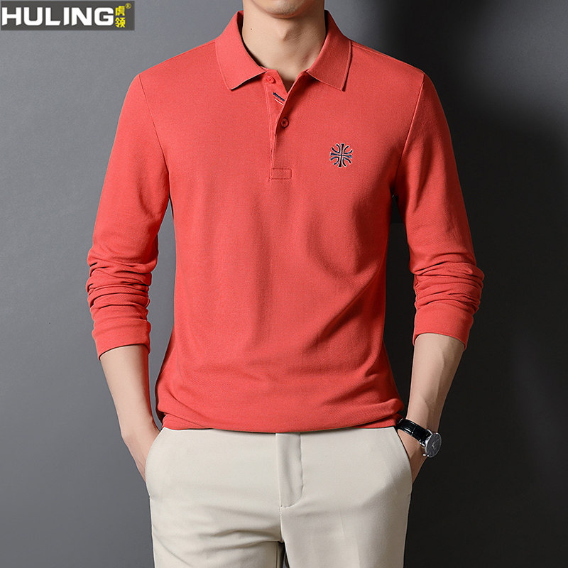 纯棉长袖T恤中青年男士秋季翻领纯色绣花POLO衫春秋薄款宽松上衣