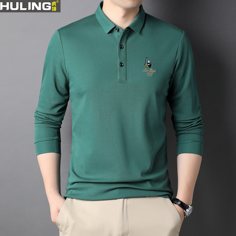 男士长袖纯棉t恤新款春秋季翻领刺绣高尔夫POLO衫休闲爸爸装上衣