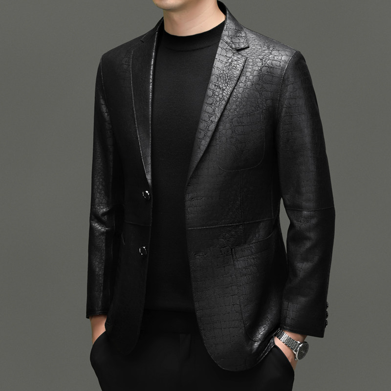 皮衣男士春秋男装软羊皮西服商务休闲两粒扣真皮西服外套简约百搭