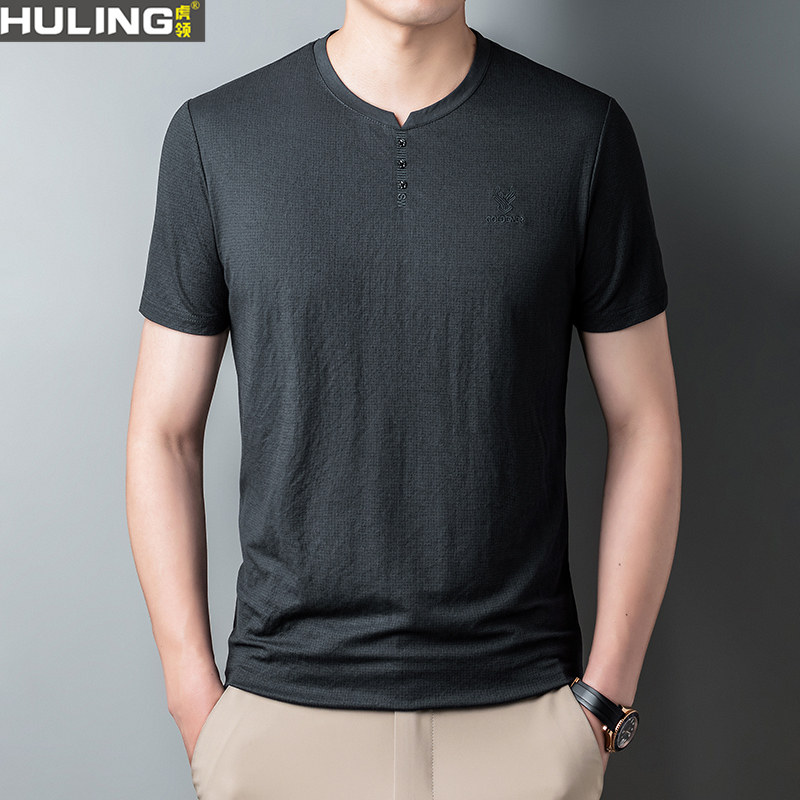 短袖t恤男士夏季圆领大领口刺绣宽松上衣中年休闲透气冰丝体恤潮