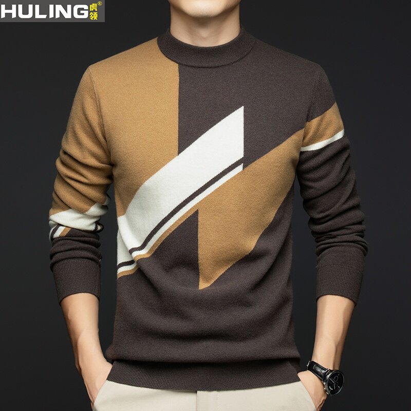 男士半高领毛衣加厚秋冬季时尚拼色男装休闲保暖打底纯羊毛针织衫