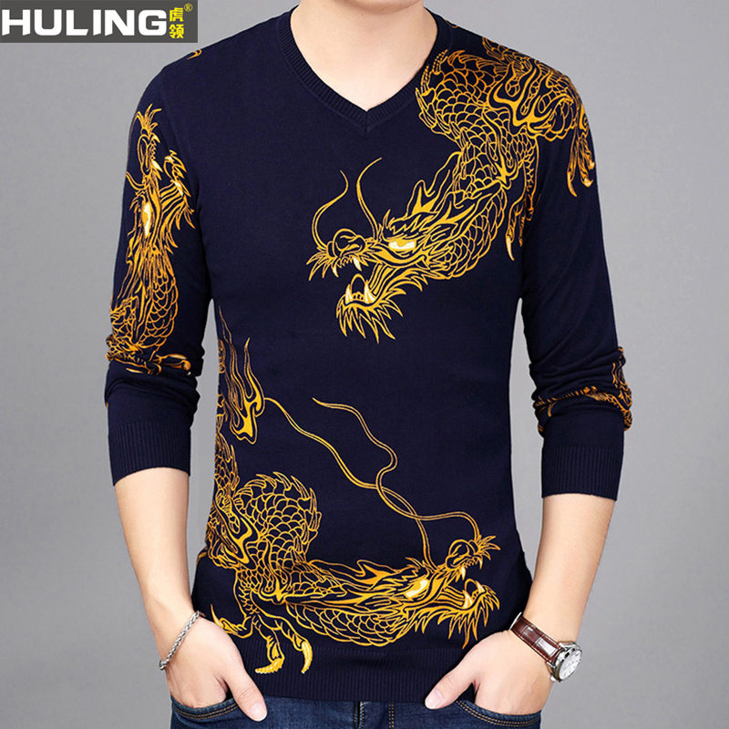 春秋薄款v领针织衫龙图案衣服