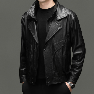 头层牛皮夹克外套男士宽松翻领猎装真皮皮衣男士机车服男装上衣
