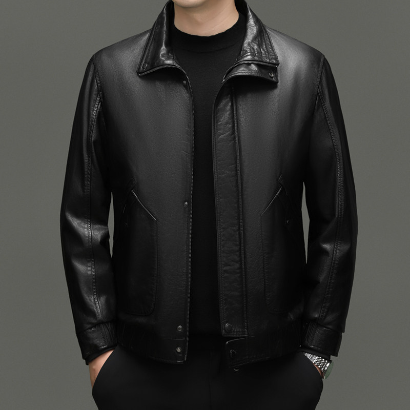 中老年皮衣海宁皮毛加绒爸爸皮夹克加厚男正品一体外套装皮衣男士