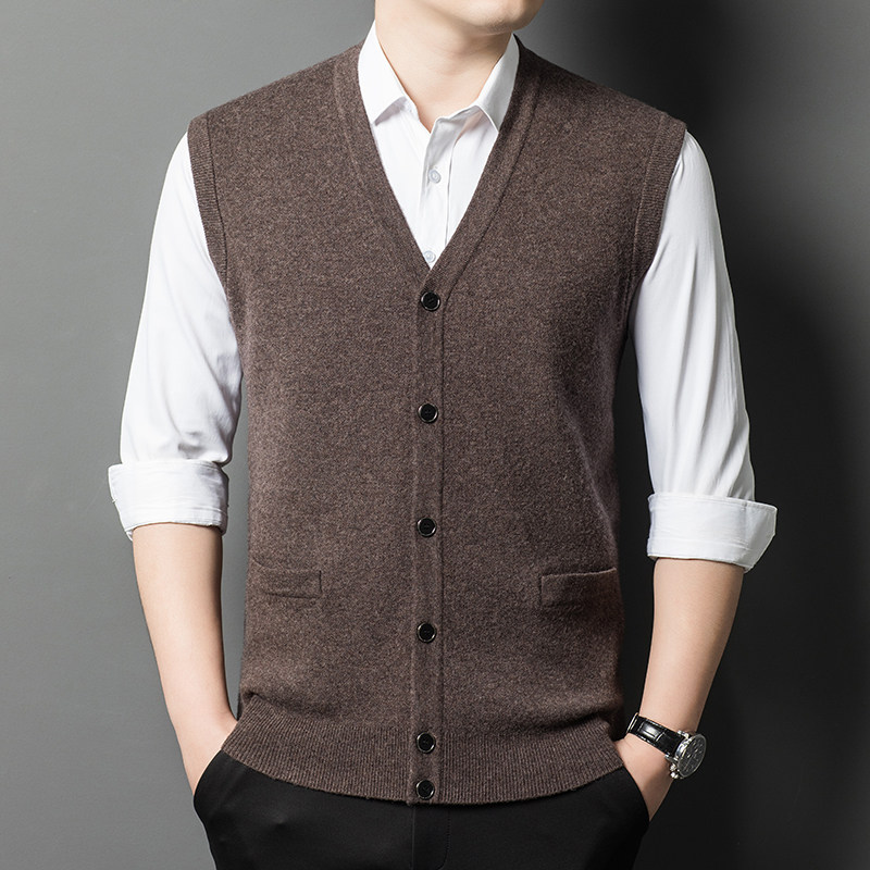 秋冬季新款羊毛100%背心男士中年加厚V领马甲开衫打底爸爸装毛衣