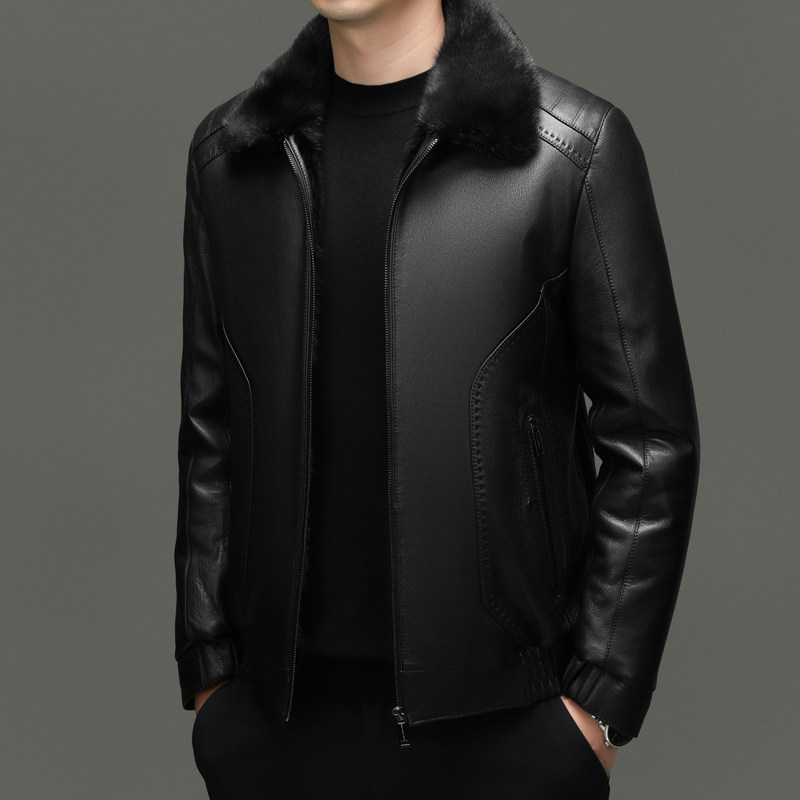 中年男士皮衣加绒加厚外套冬季毛领可拆卸皮毛一体夹克休闲爸爸装