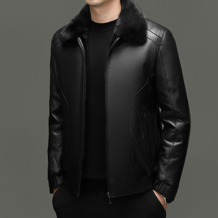 中年男士皮衣加绒加厚外套冬季毛领可拆卸皮毛一体夹克休闲爸爸装