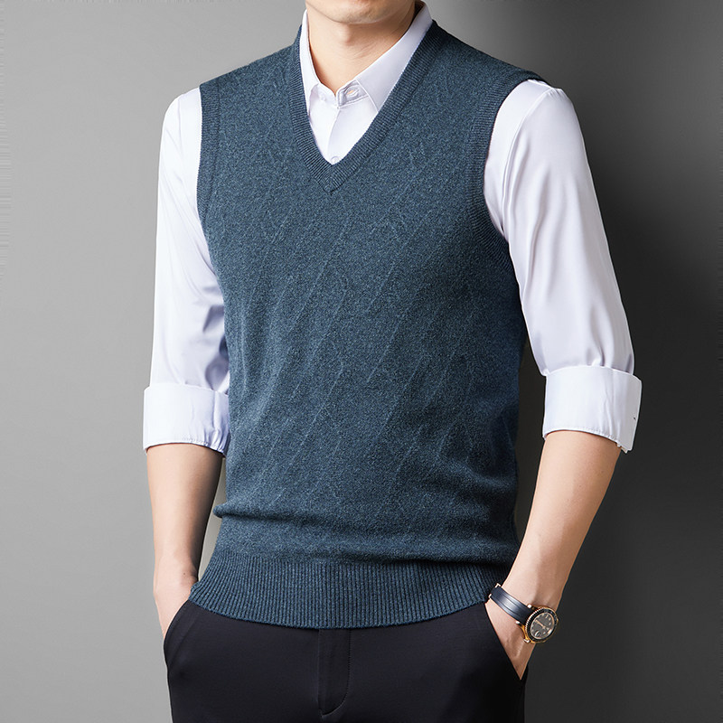 秋冬针织背心男V领无袖毛坎肩中年爸爸毛衣马甲毛线马夹男装上衣