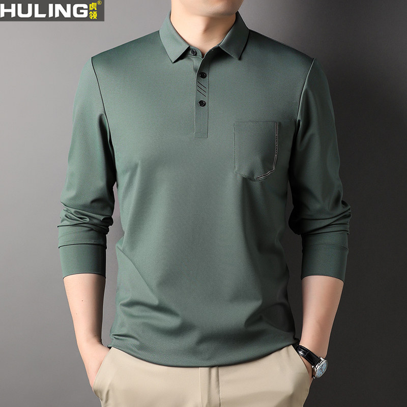 春秋季新款中年男士长袖T恤口袋休闲爸爸男装上衣宽松大码polo衫