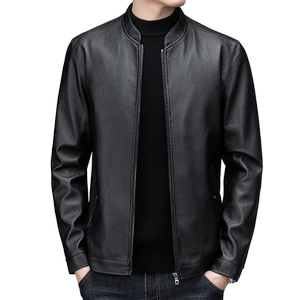 男士皮衣春秋季中年爸爸装宽松商务纯色皮夹克休闲棒球领外套上衣