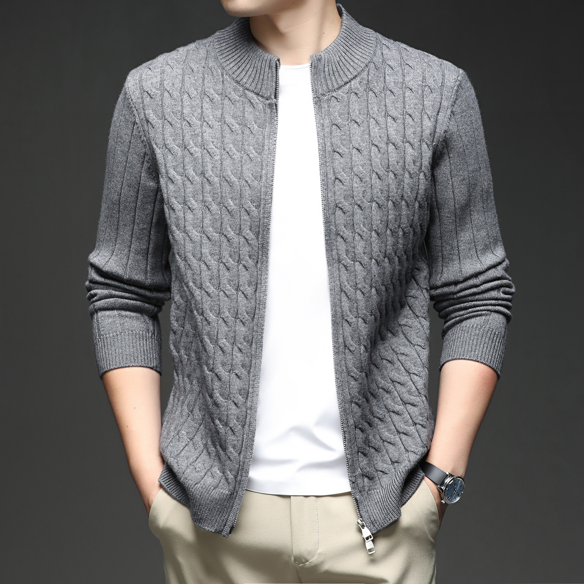 含羊毛毛衣拉链开衫男士秋冬季立领针织衫韩版潮外套扭花男装上衣