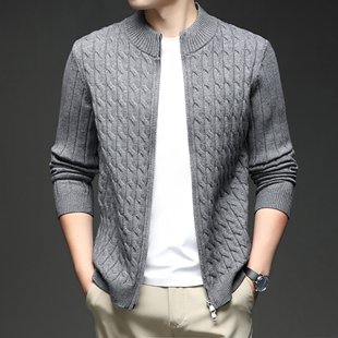 含羊毛毛衣拉链开衫男士秋冬季立领针织衫韩版潮外套扭花男装上衣