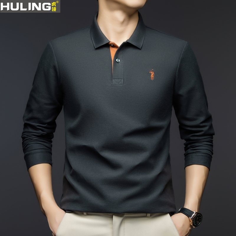 男士纯棉刺绣T恤春秋季新款时尚休闲中年男装翻领长袖刺绣POLO衫