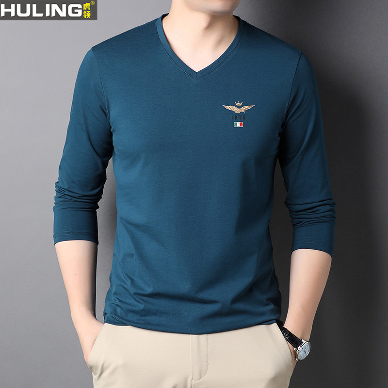 纯棉长袖t恤V领休闲宽松刺绣飞鹰上衣春秋季男装鸡心领打底衫体恤