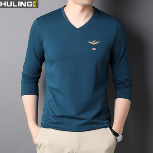 纯棉长袖t恤V领休闲宽松刺绣飞鹰上衣春秋季男装鸡心领打底衫体恤
