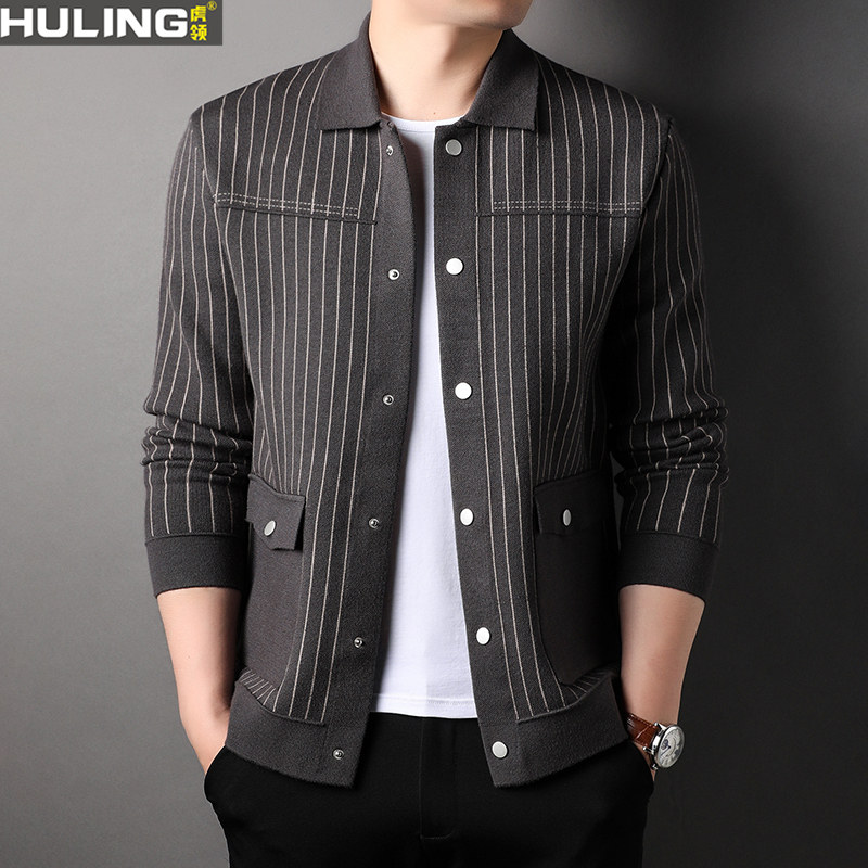 竖条纹针织开衫男装春秋季韩版潮流时尚按扣翻领休闲毛衣夹克外套