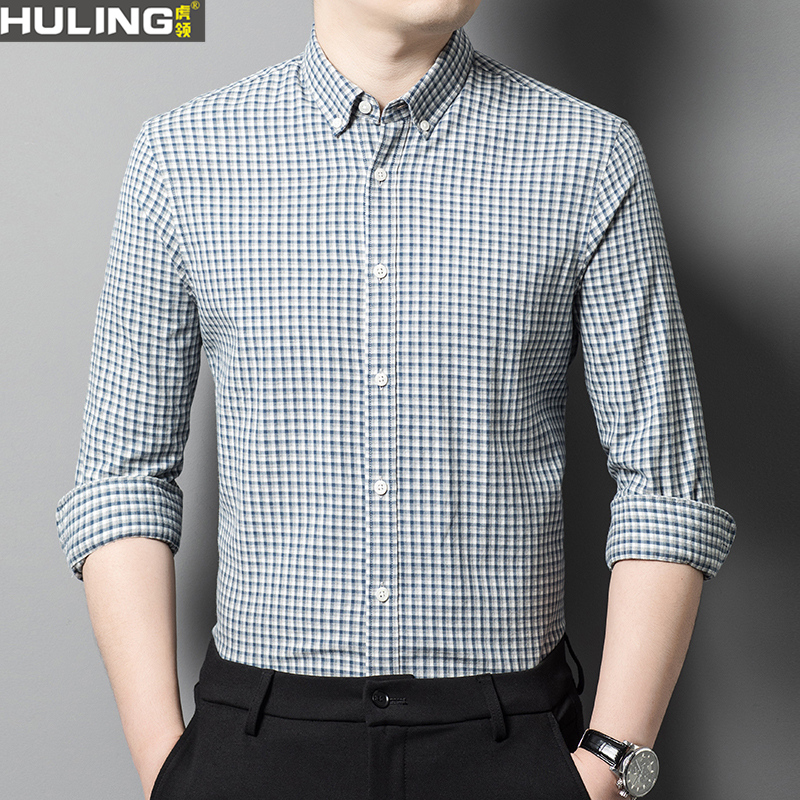 春秋季新款商务休闲衬衣翻领扣领中年男士100%纯棉长袖格子衬衫