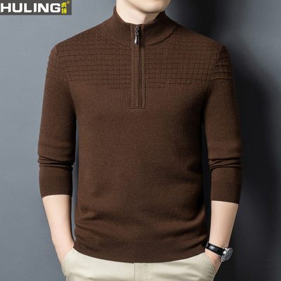 秋冬季男士100%羊毛衫半高领拉链提花男装针织衫爸爸装商务毛衣