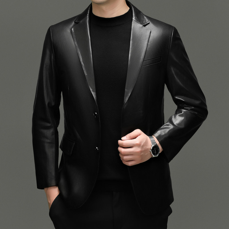 轻奢真皮皮衣男士山羊皮中年秋季男装商务休闲真皮西服亮色外套