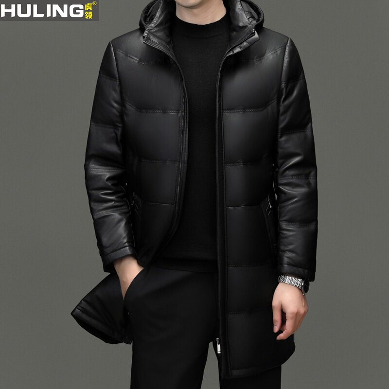 男士中长款可脱卸帽子鸭绒羽绒服冬季新款加厚保暖真皮男装外套