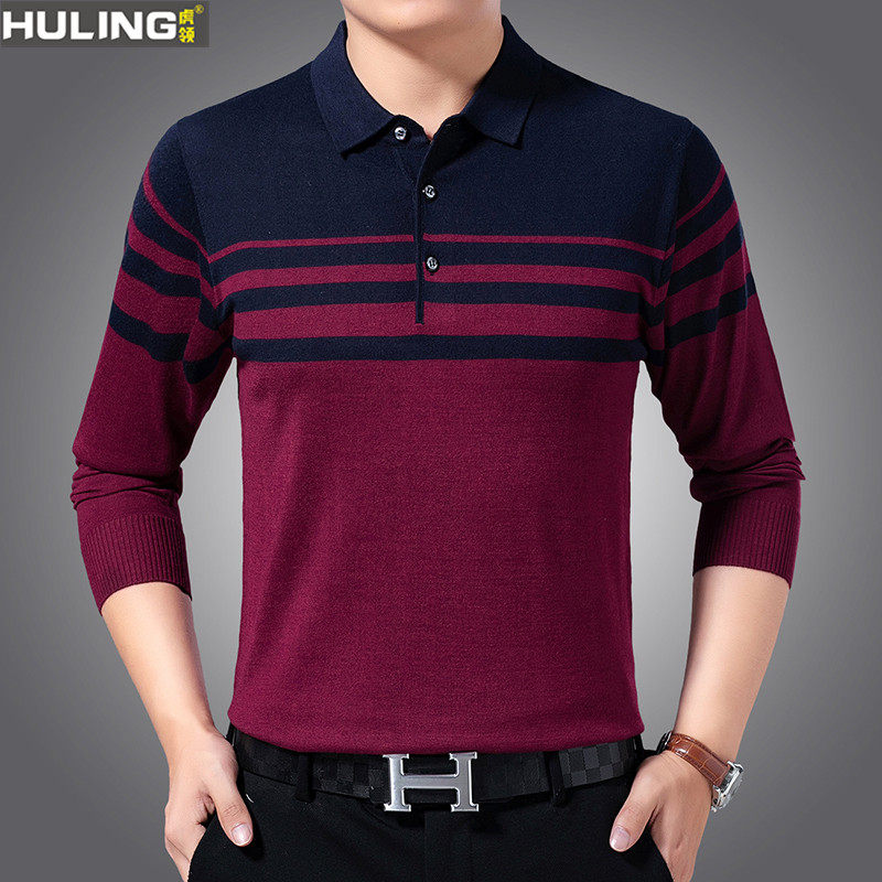 春秋新款男士翻领长袖t恤条纹中青年宽松薄款针织打底衫爸爸装潮