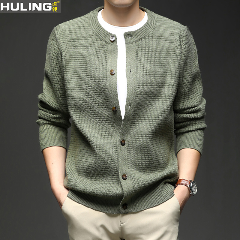 秋冬季针织外套男士圆领粗针纽扣上衣中青年爸爸男装纯色毛衣开衫
