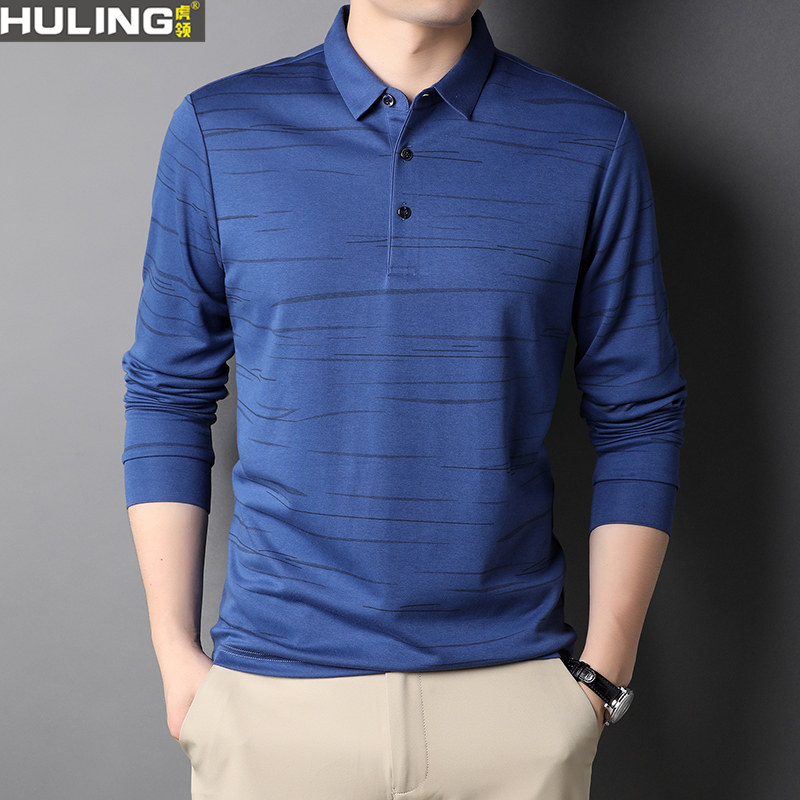 中年男装翻领条纹长袖t恤新款爸爸春秋装上衣莫代尔棉男装polo衫