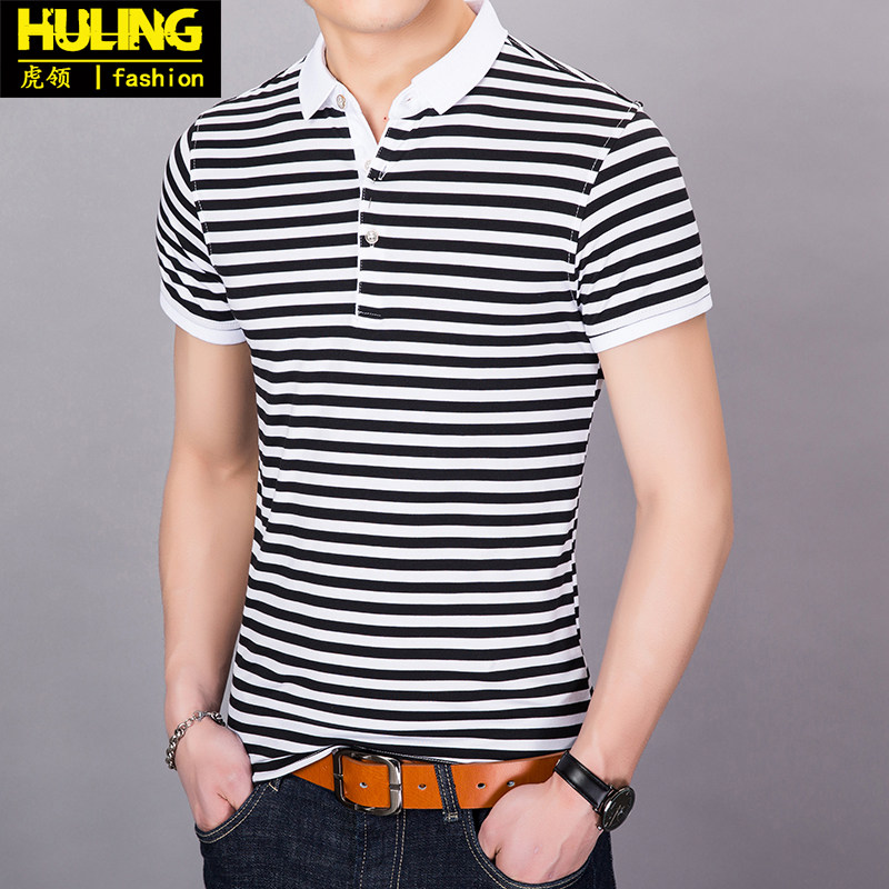 短袖细条纹t恤男装纯棉青年韩版修身翻领新款夏季体恤衫潮流上衣