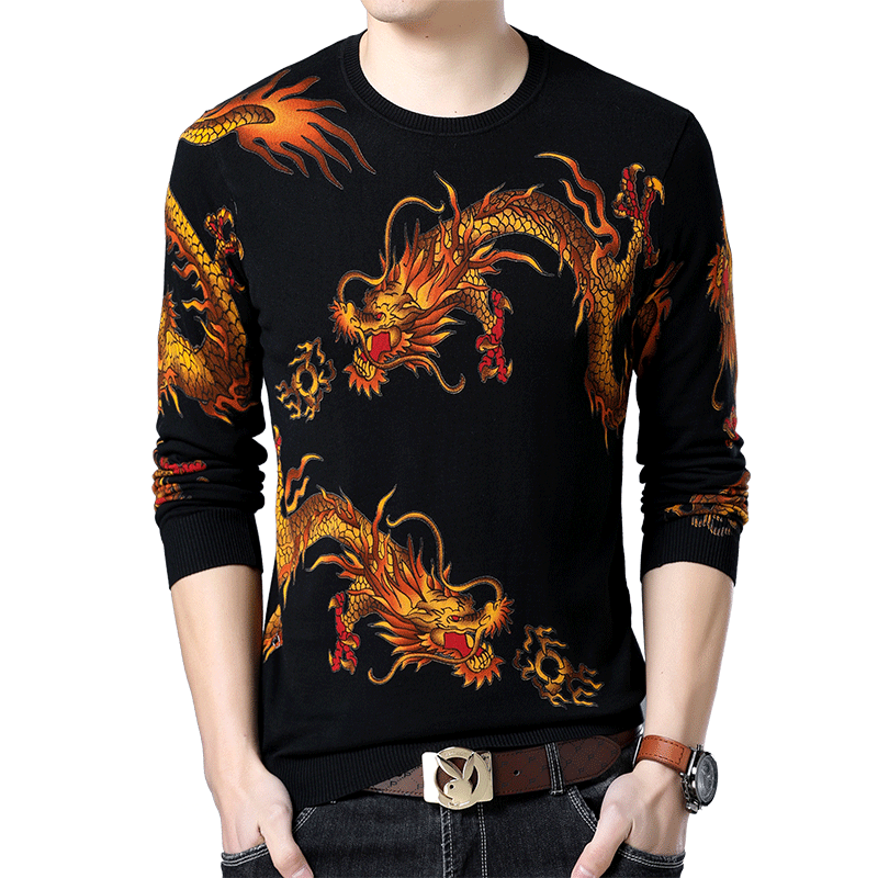 中国风长袖针织衫薄款毛衣修身青年T恤长袖男装圆领套头上衣体恤