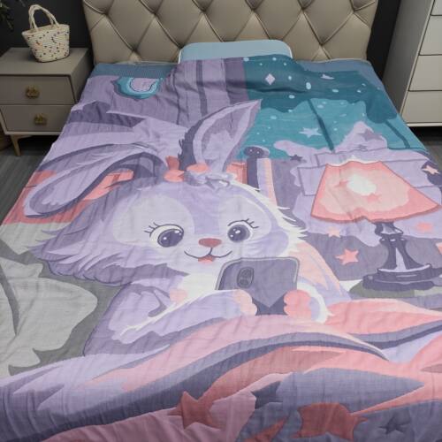 150*200 多层棉纱卡通兔子盖毯泡芙被提花空调毯 两色可选