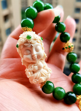 原创猛犸牙绿度母白度母项链吊坠猛犸牙手链佛头三通配饰苏工精雕