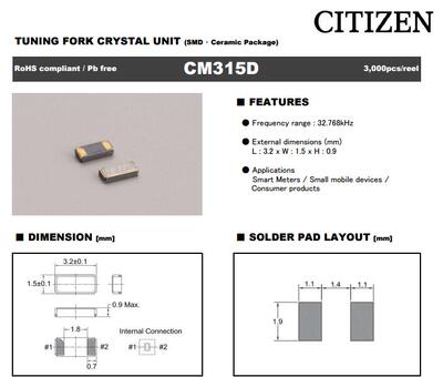 CM315D32768EZFT 32.768KHZ 32.768K 3215  +-10ppm 12.5PF 晶振