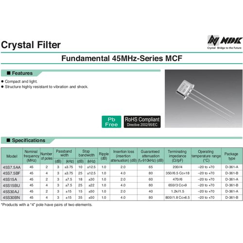 MCF 45M 45MHZ 滤波器 过滤器 DIP-3 45S30BN-45M NDK 进口直插