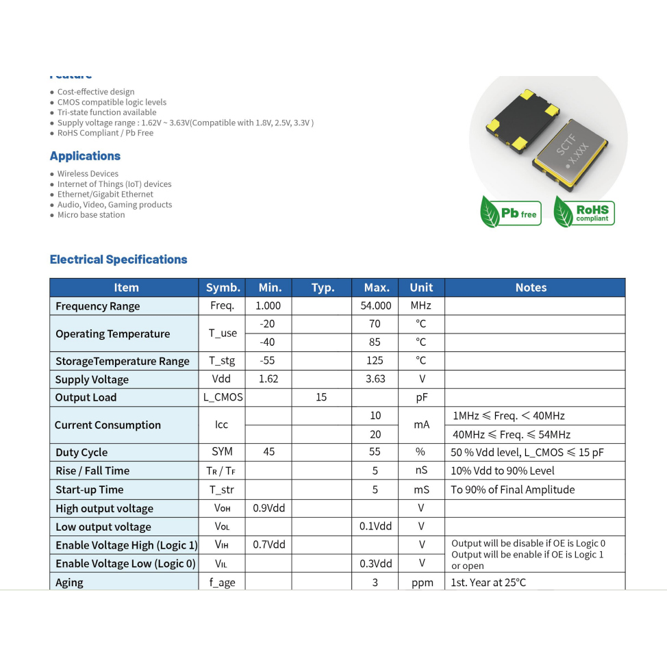 SX7M1.000B10F20TNN 有源晶振 7050 1M 1MHZ 1.000MHZ SCTF CMOS