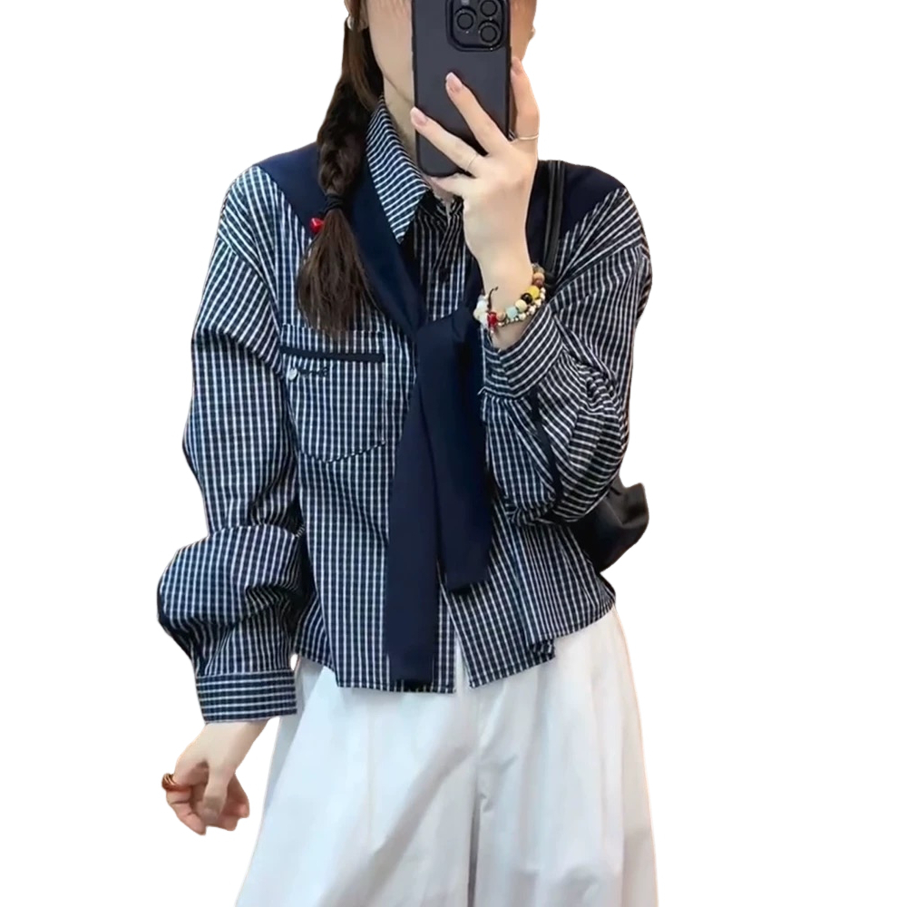 韩系时尚减龄披肩长袖格子衬衫女2025早秋新款洋气百搭设计感上衣