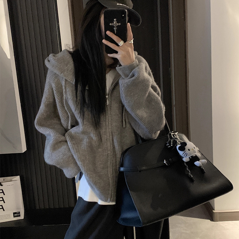 美式复古连帽毛衣男女秋冬季慵懒高级青少年情侣百搭针织开衫外套