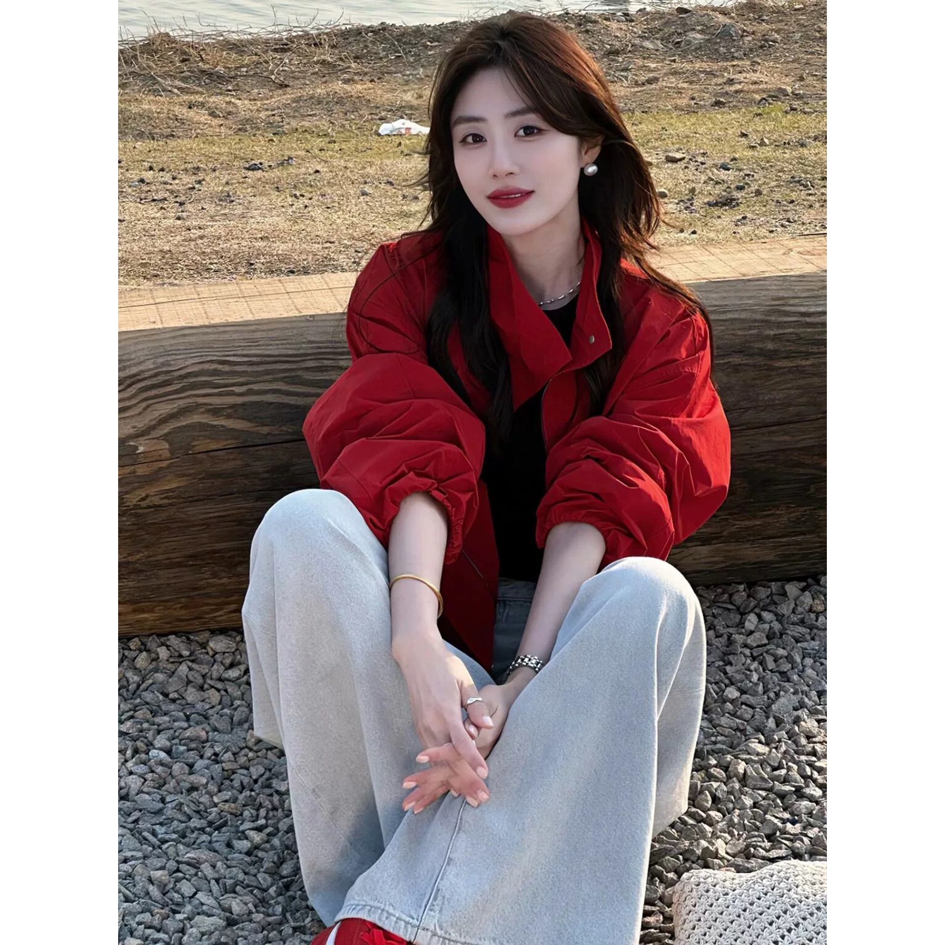 2025早秋新款小个子短款棒球服巨好看的立领红色冲锋衣外套女春秋