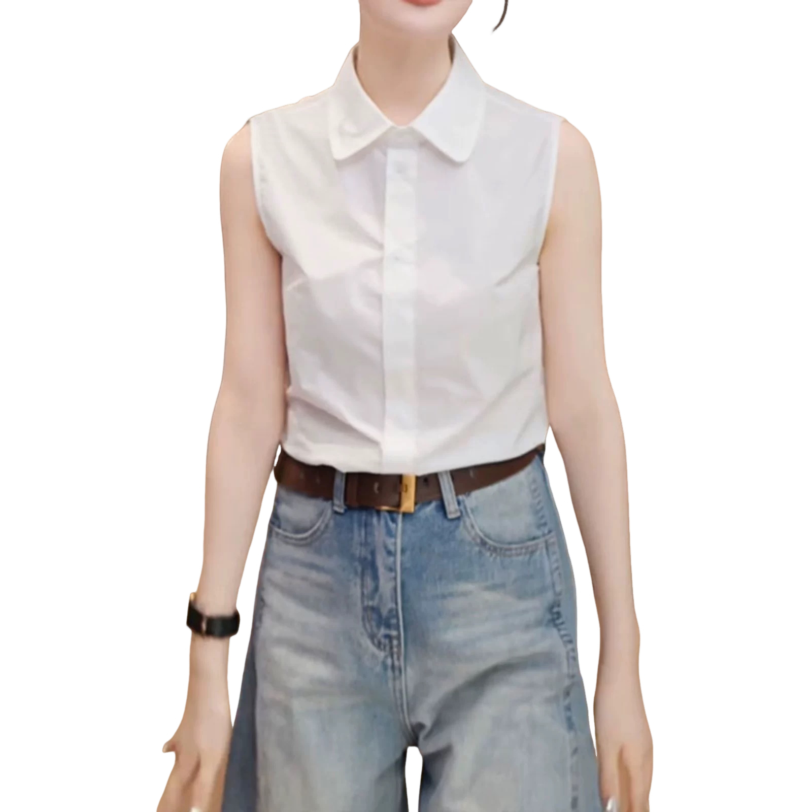 白色翻领衬衫无袖背心打底衫女2025秋季新款内搭叠穿休闲百搭上衣